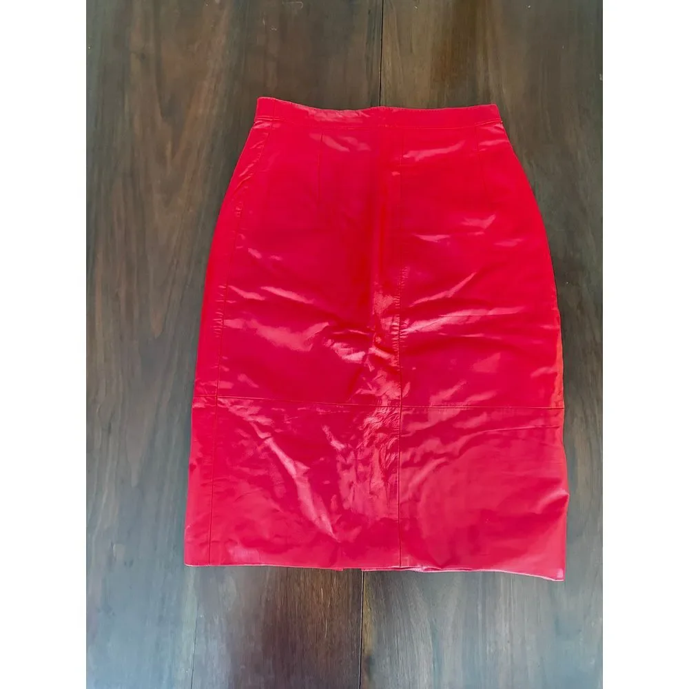 Vintage Red Leather Pencil‎ Skirt Size 7/8 High Waist Moto Y2K Mob Wife 80's - Picture 2 of 13